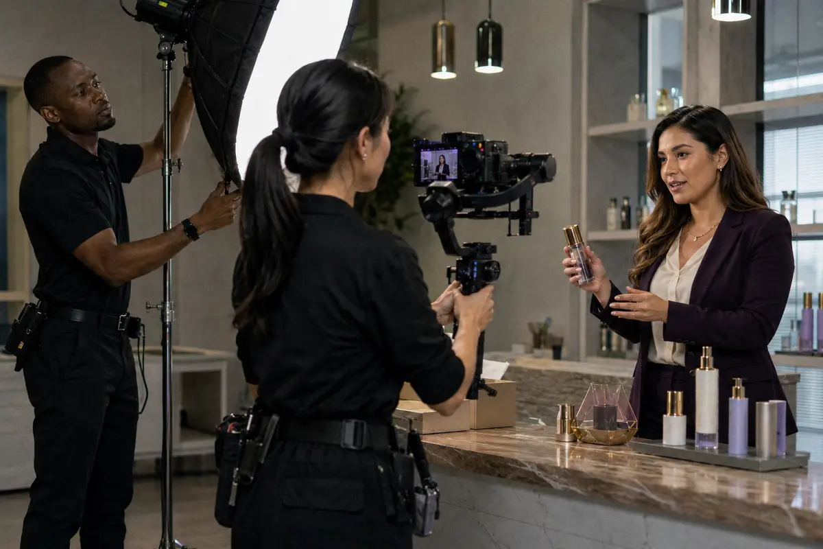 Professional video production team filming promotional content for a business owner