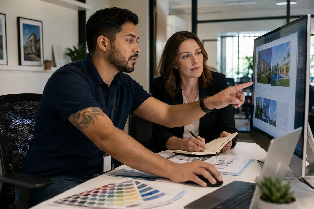 Professional website designer reviewing a business website with a client