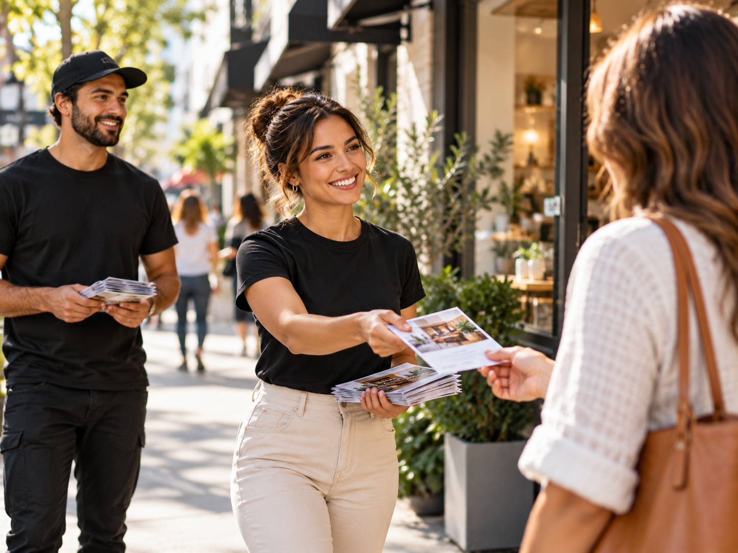 Street team handing flyers directly to local people
