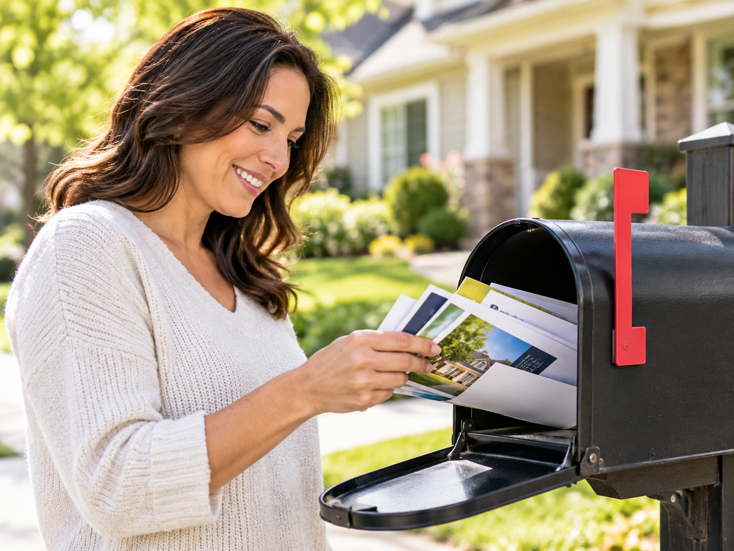 Customer receiving marketing postcards from a mailbox